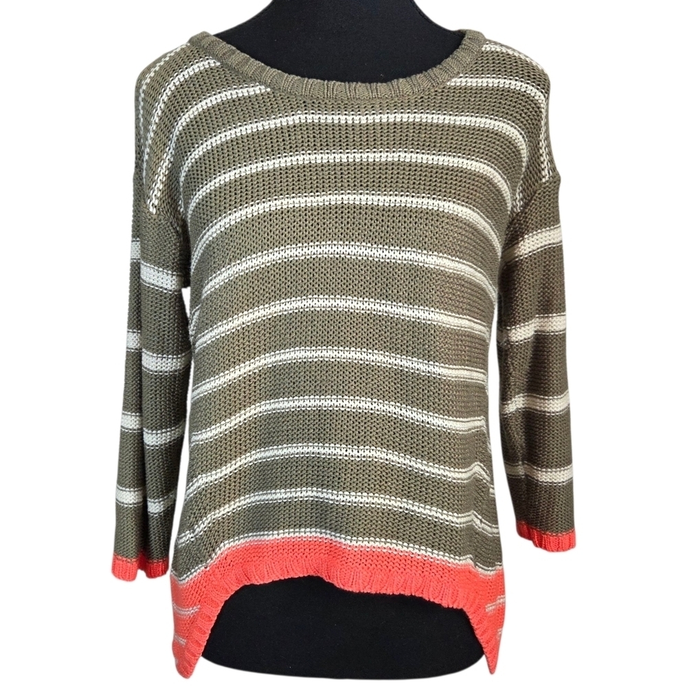 Razzle Dazzle Striped Olive and Coral Crocheted Sweater  Size Small
